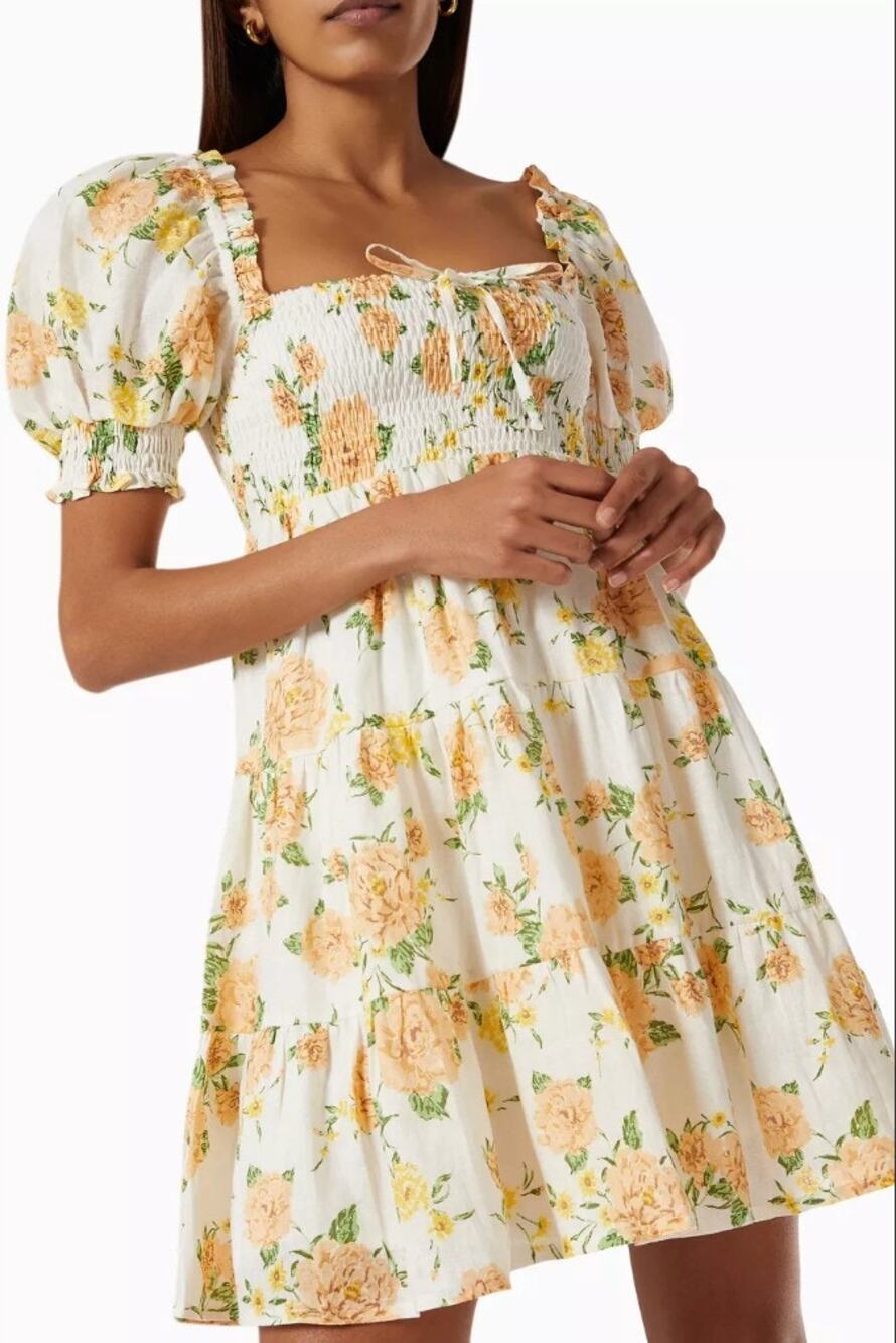 Faithfull the Brand Floral Linen Smocked Puff Sleeve Mini Dress XS Cottagecore